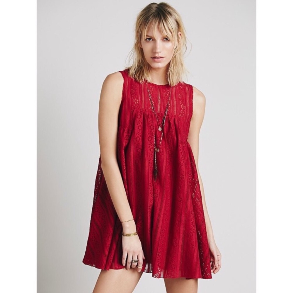 Free People Red Lace Tu Es La Mini Dress S…